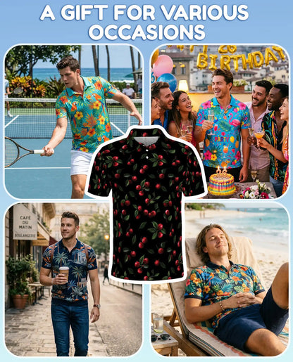 Cherry Fruit Polo Shirt for Men, Classic Fruit Style | Azhawaiian