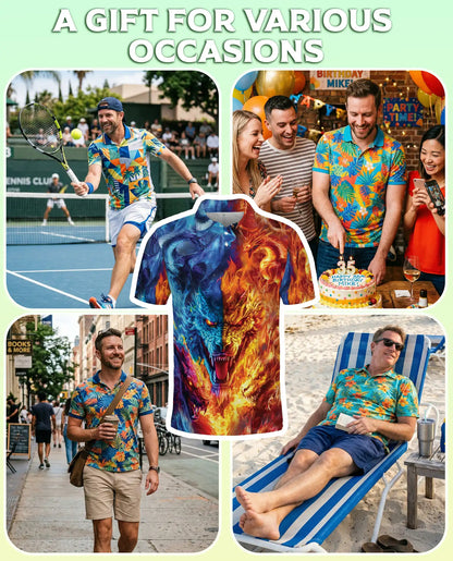 Fire and Ice Dragon 3D Polo Shirt for Men, Fantasy Mythical Beast Style | Azhawaiian