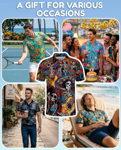 Colorful Skeleton Guitar Polo Shirt for Men, Musical Skull Design | Azhawaiian