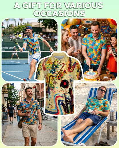 Saxophone Music 3D Polo Shirt for Men, Jazz Retro Art Style | Azhawaiian