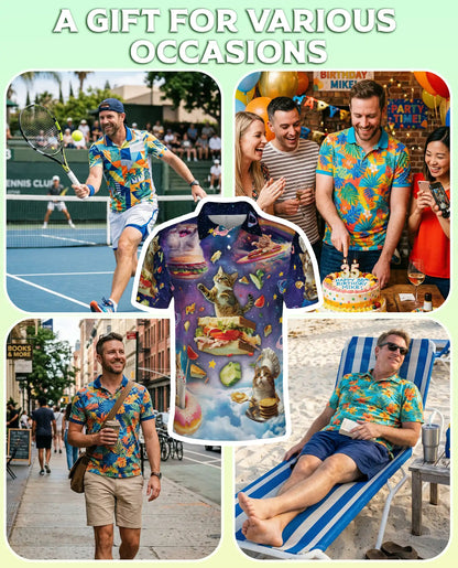 Space Cat Food 3D Polo Shirt for Men, Funny Cosmic Kitty Style | Azhawaiian