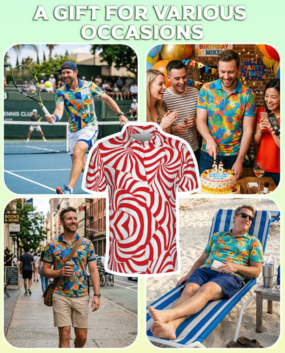 Red Swirl Polo Shirt, Abstract Optical Print | Azhawaiian