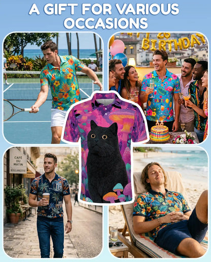 Black Cat Fantasy Mushroom Polo Shirt for Men- Print Magical Forest | Azhawaiian