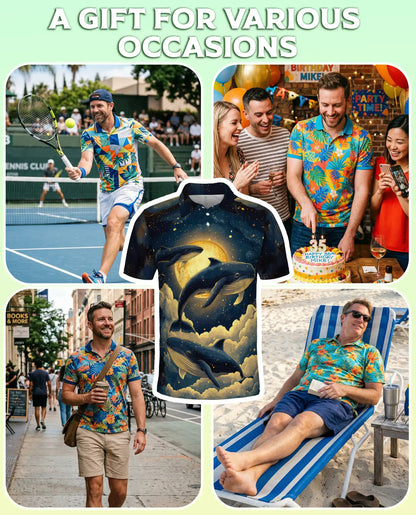 Whale Galaxy Polo Shirt, Moon Ocean Print | Azhawaiian