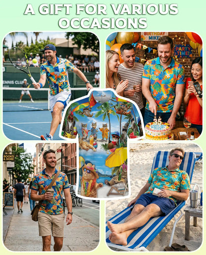 Funny Beach Cat Polo Shirt for Men-Tropical Cat Lover Shirt | Azhawaiian