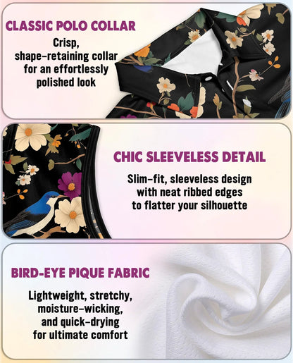 Bird and Flower Sleeveless Polo Shirt for Women | Azhawaiian