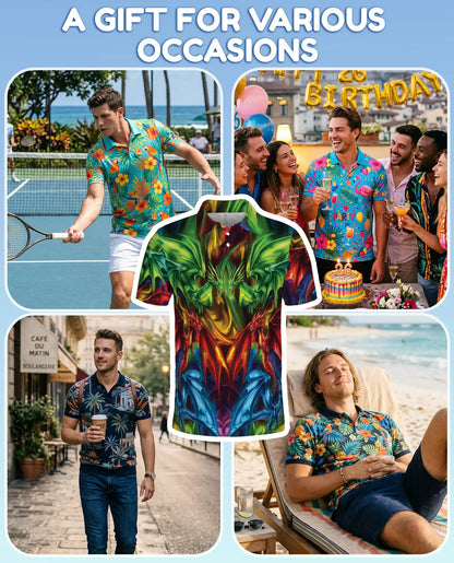 Colorful Fantasy Dragon Polo Shirt for Men - Fire Ice Mythical Dragon | Azhawaiian