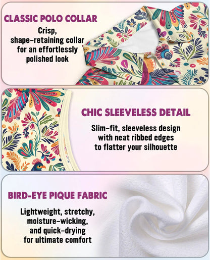 Folk Art Tropical Bird Sleeveless Polo Shirt for Women | Azhawaiian