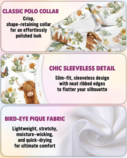 Cute Highland Cattle Sleeveless Polo Shirt for Women | Azhawaiian