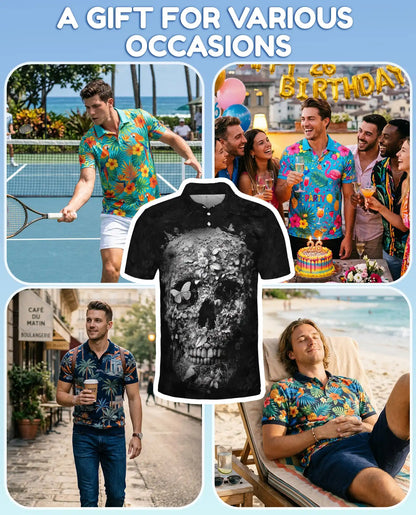 Floral Skull Gothic Polo Shirt, Dark Botanical Style | Azhawaiian