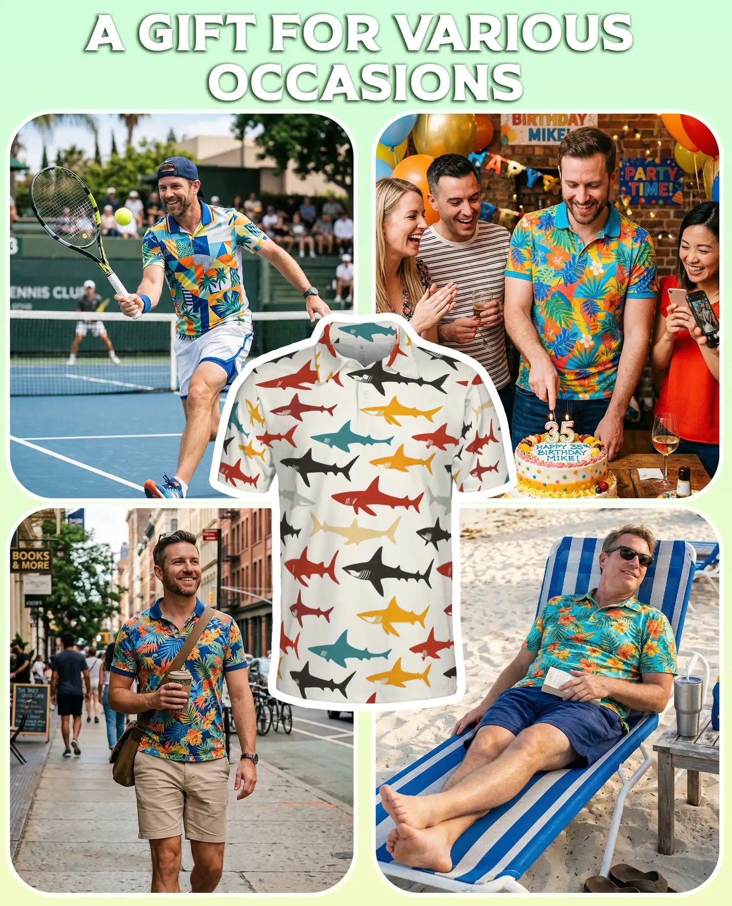 Colorful Shark Pattern 3D Polo Shirt for Men, Ocean Marine Style | Azhawaiian