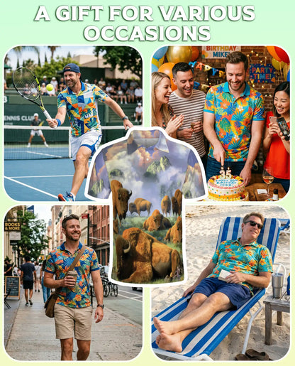 Mystical Bison Polo Shirt for Men, Majestic Wildlife Landscape | Azhawaiian