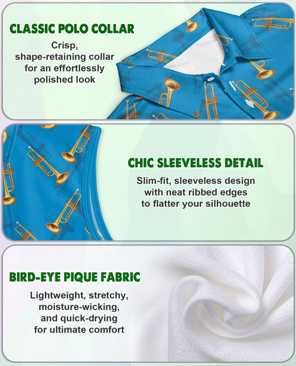 Trombone Pattern Sleeveless Polo Shirt for Women | Azhawaiian