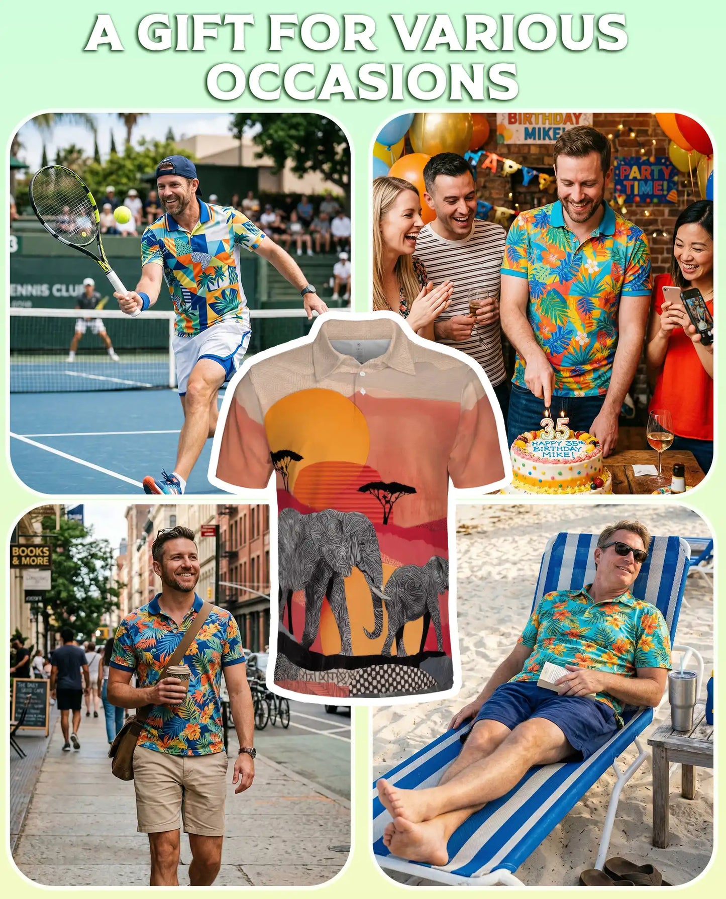 African Elephant Polo Shirt, Safari Sunset Wildlife Print | Azhawaiian