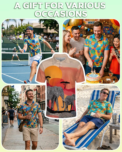 African Elephant Polo Shirt, Safari Sunset Wildlife Print | Azhawaiian