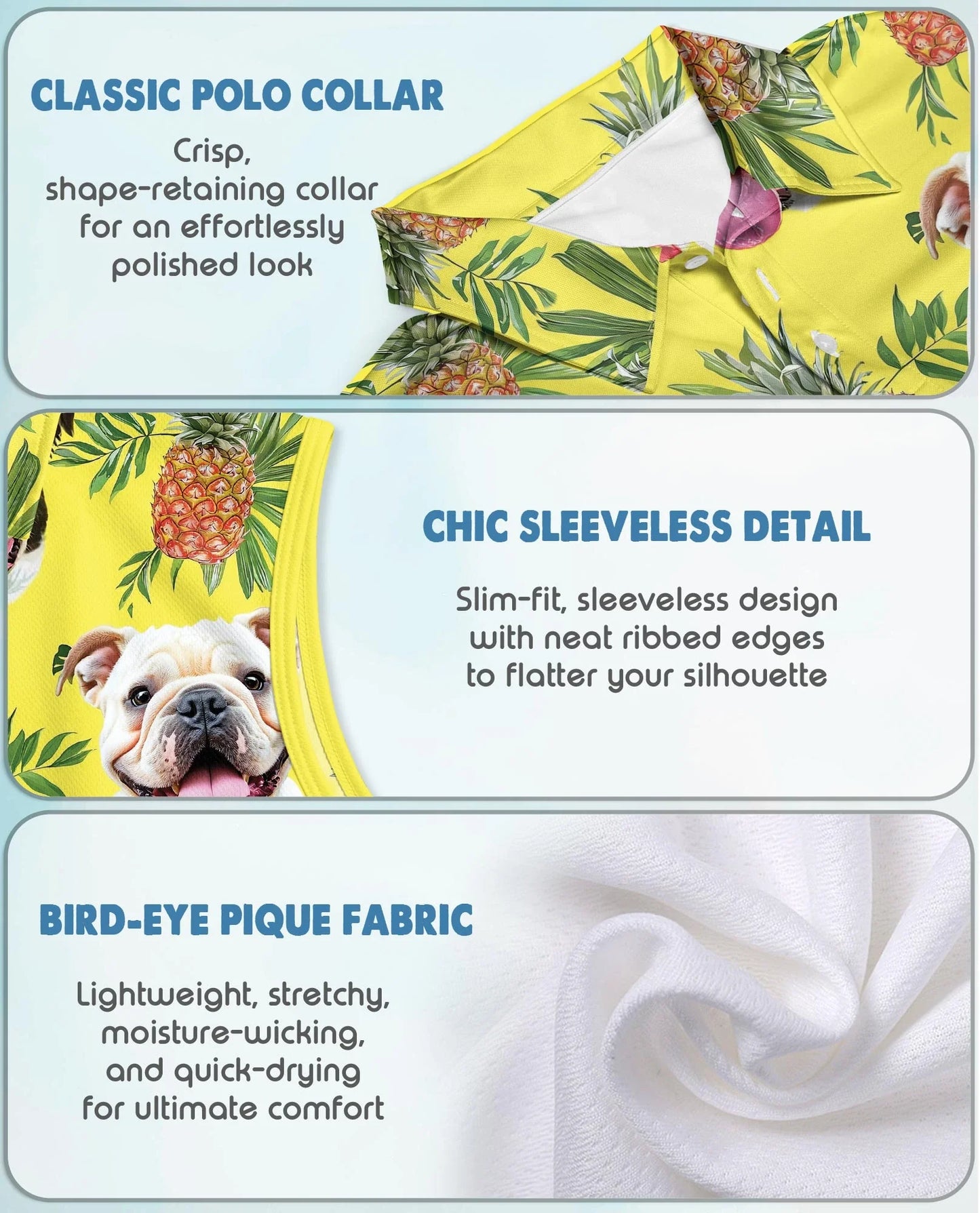 English Bulldog Tropical Sleeveless Polo Shirt for Women | Azhawaiian