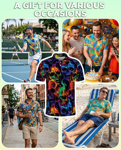 Flaming Skull Neon 3D Polo Shirt for Men | Azhawaiian