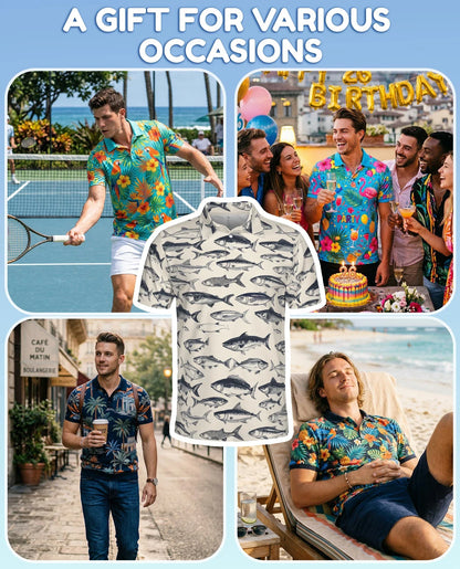 Vintage Fish Pattern Polo Shirt for Men, Coastal Fishing Style | Azhawaiian