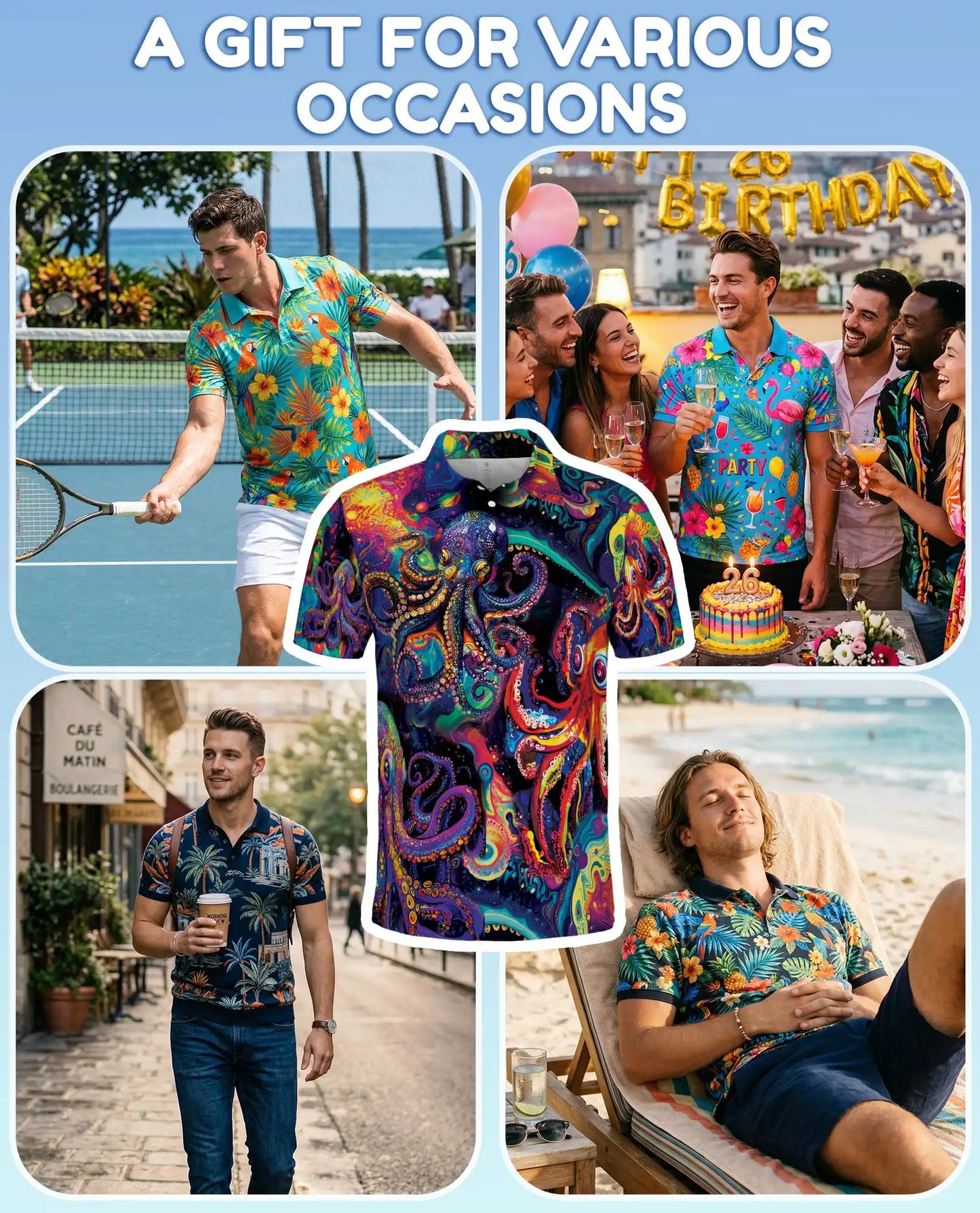 Psychedelic Octopus Polo Shirt, Colorful Ocean Style | Azhawaiian
