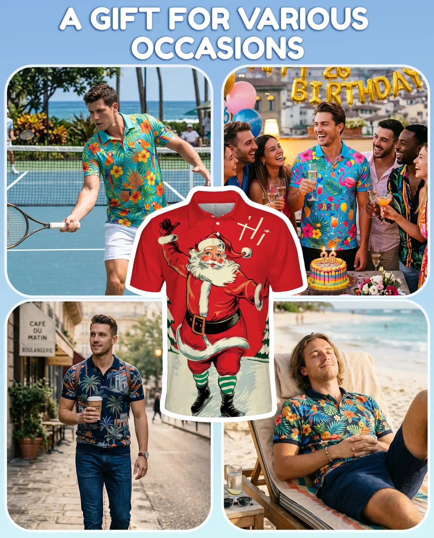 Santa Polo Shirt for Men, Christmas Holiday Festive Tee | Azhawaiian