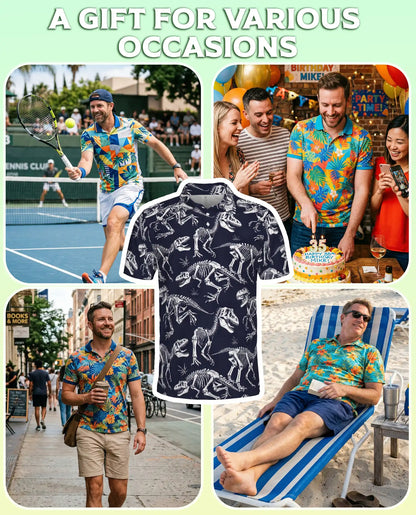 Dinosaur Skeleton 3D Polo Shirt for Men, Fossil Bones Jurassic Style | Azhawaiian