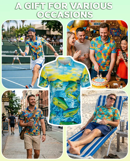 Mahi Mahi Fishing 3D Polo Shirt for Men, Tropical Ocean Angler Style | Azhawaiian
