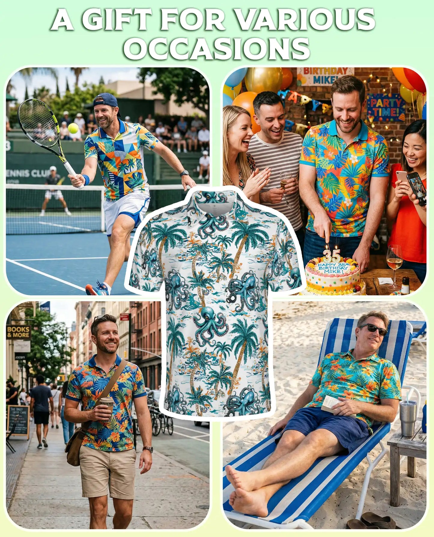 Tropical Octopus 3D Polo Shirt for Men, Ocean Palm Tree Beach Style | Azhawaiian