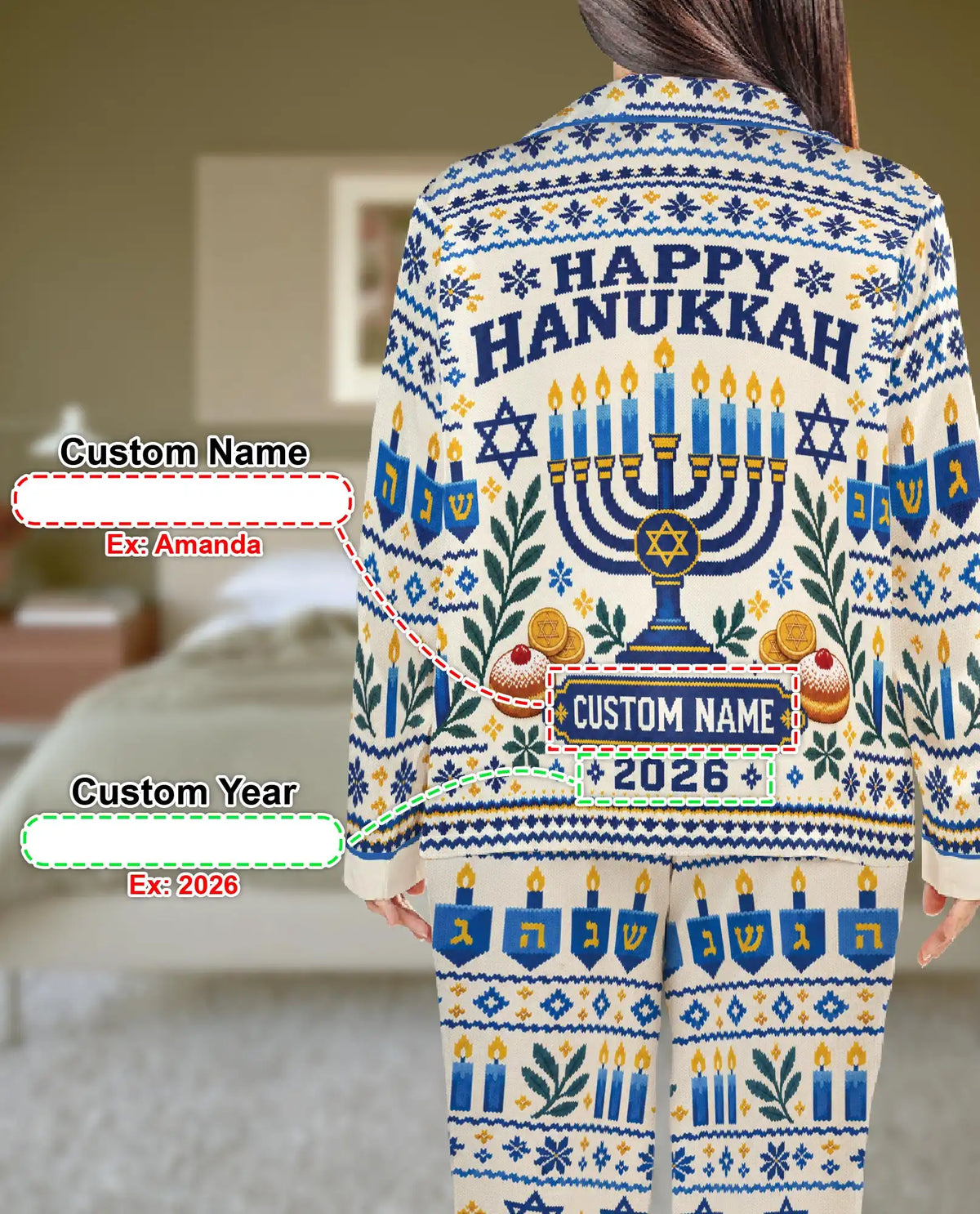 Personalized Hanukkah Pajama Set for Women – Custom Name & Year Menorah Print