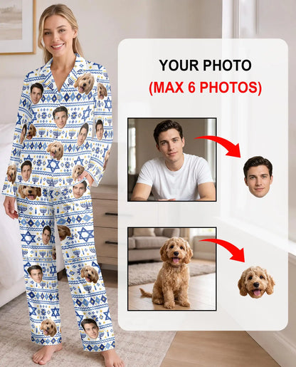 Personalized Hanukkah Photo Pajamas for Women – Custom Face & Pet Diamond Fair Isle