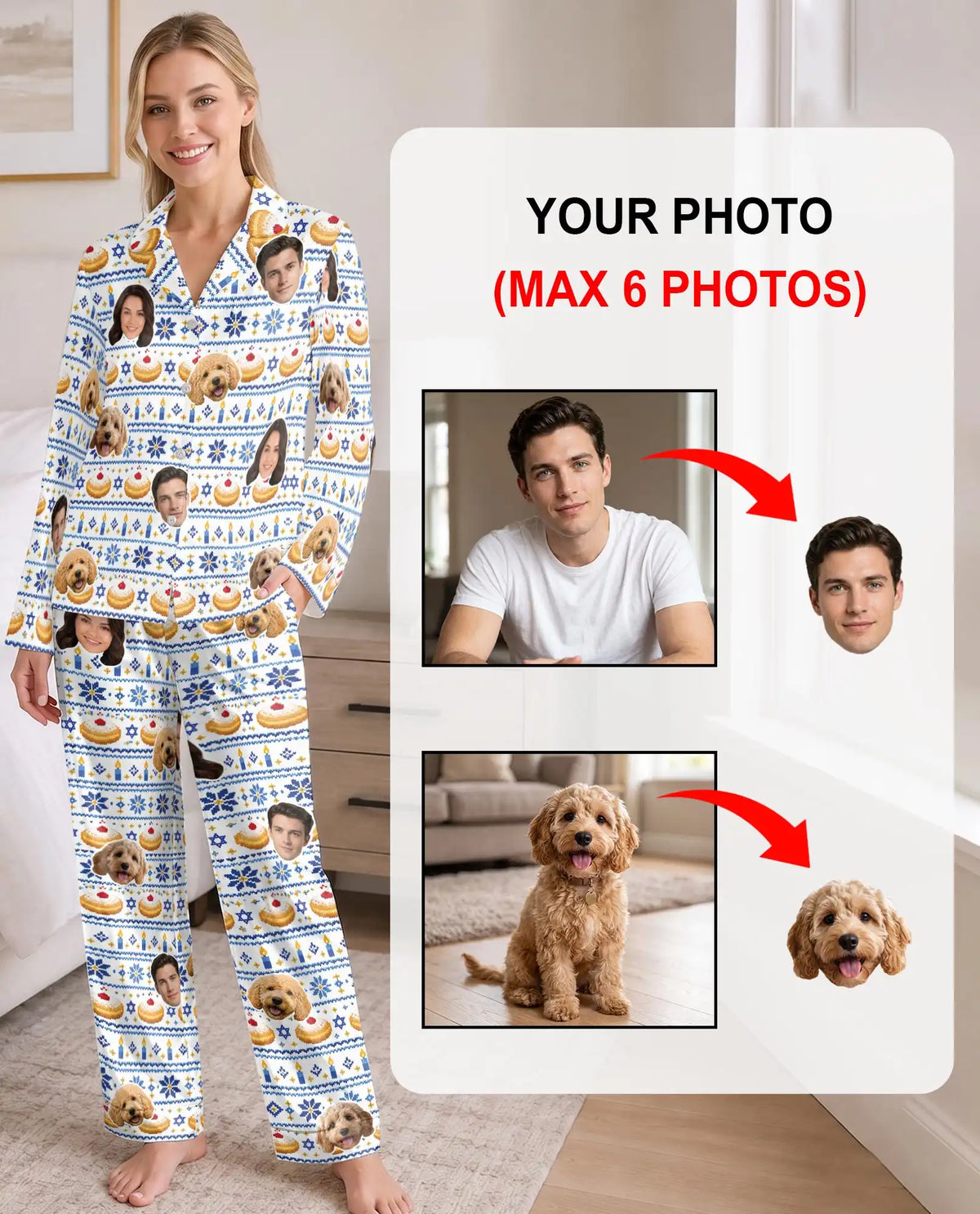 Personalized Hanukkah Sufganiyot Pajamas for Women – Custom Face & Pet Photo Print