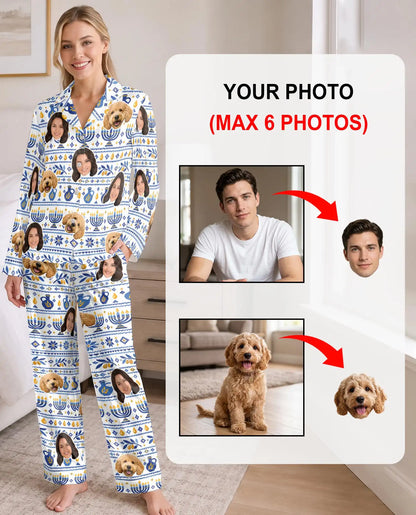 Personalized Hanukkah Pajamas for Women – Custom Face & Pet Photo Fair Isle Print