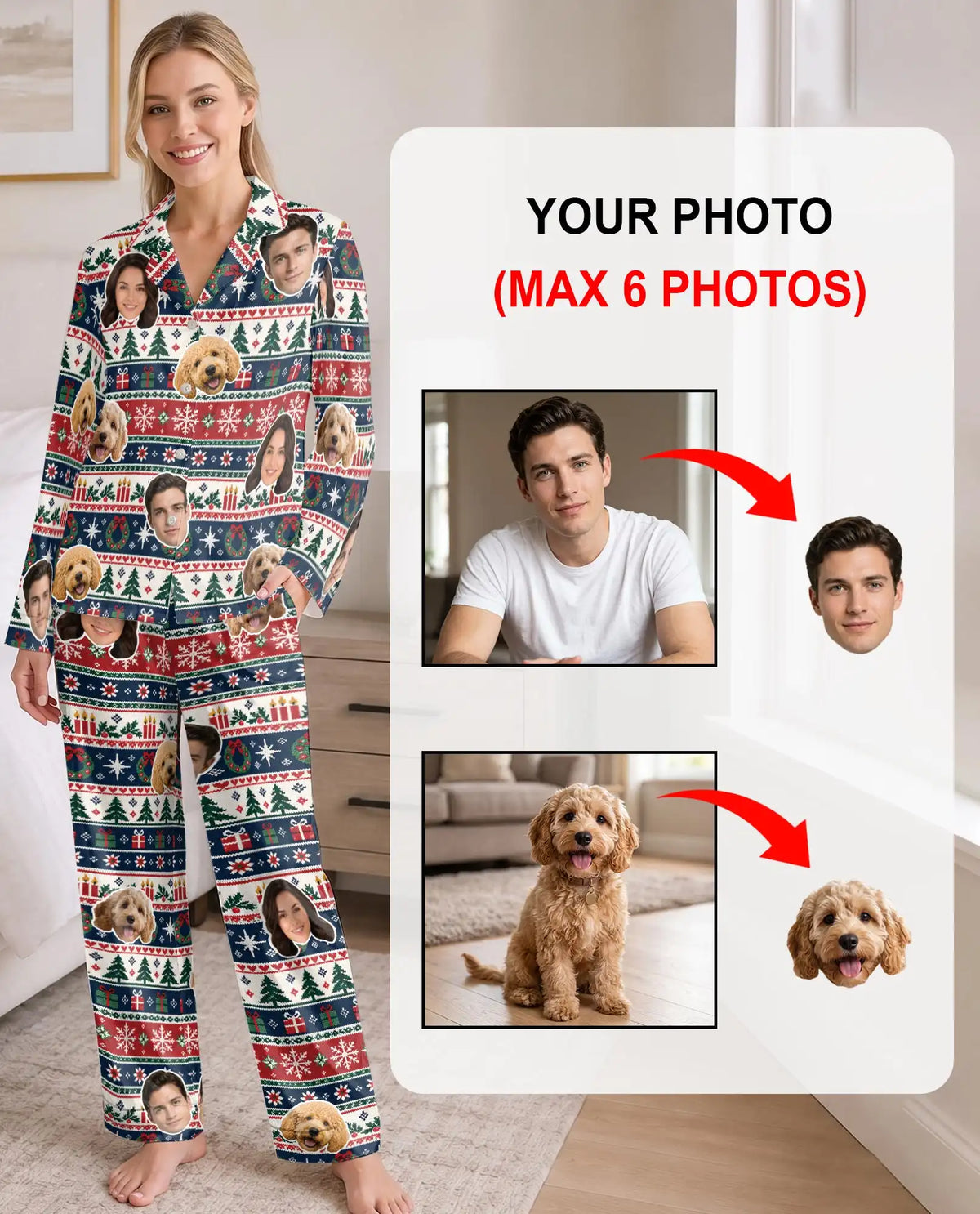 Personalized Christmas Fair Isle Pajamas for Women – Custom Face & Pet Photo Print