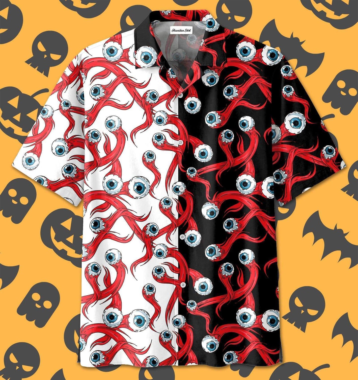 Scary Halloween Hawaiian Aloha Shirts Black and Red Monster Eyes