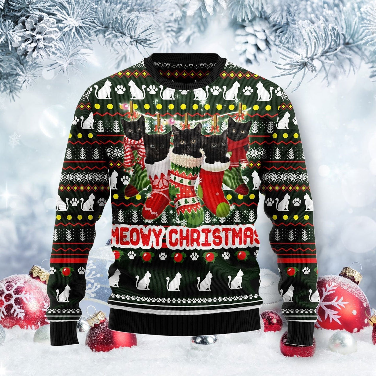 Meowy Black Cat Ugly Christmas Sweater 