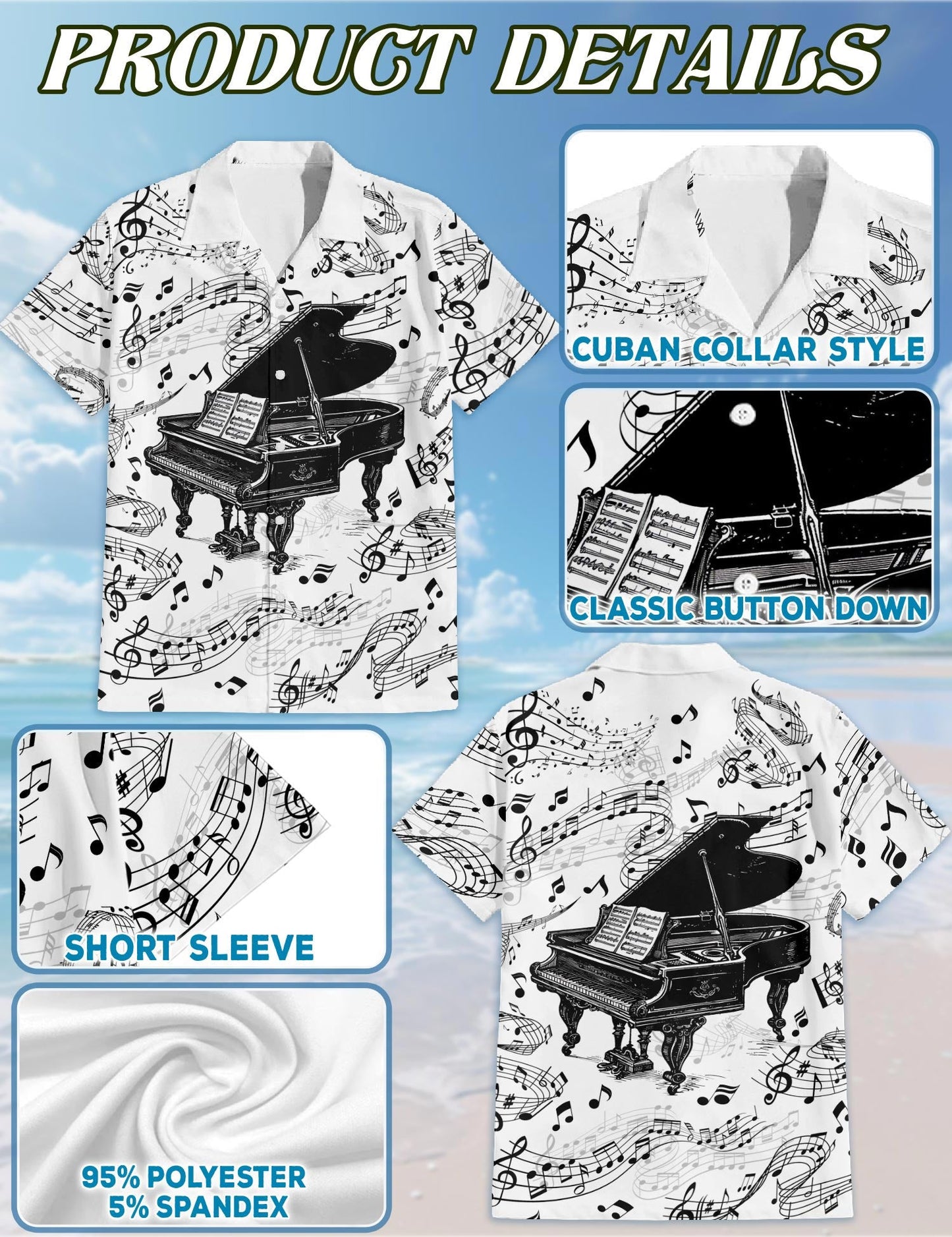 Grand Piano Hawaiian Shirt for Men, Button Down Aloha Shirt - Azhawaiian