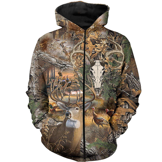 Men Women Hunting clothes Deer Skull Hunting Camo 3D all over Print Shirt Zip up hoodie