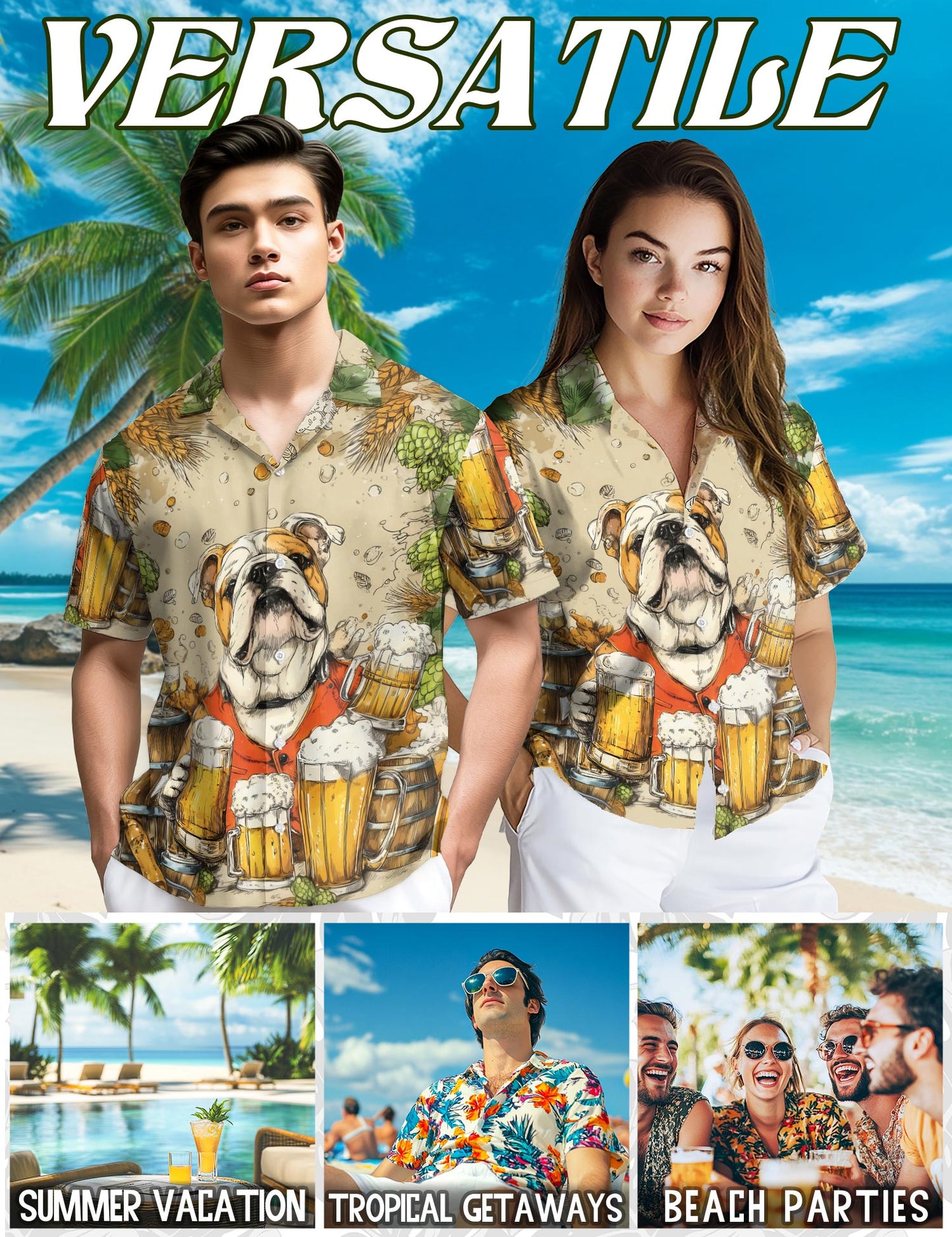 3D Bulldog Beer Hawaiian Shirt for Men, Button Down Aloha Shirt - Azhawaiian