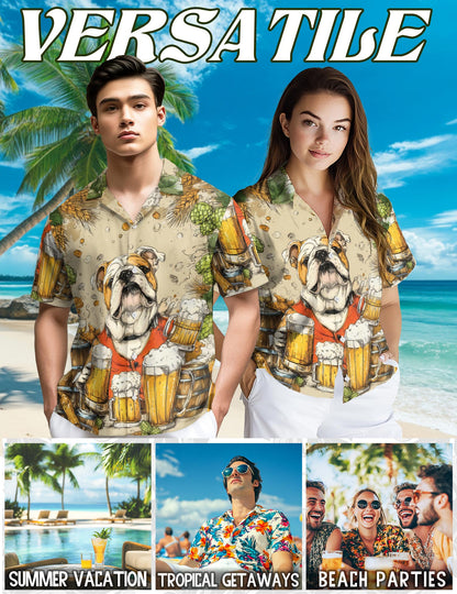3D Bulldog Beer Hawaiian Shirt for Men, Button Down Aloha Shirt - Azhawaiian