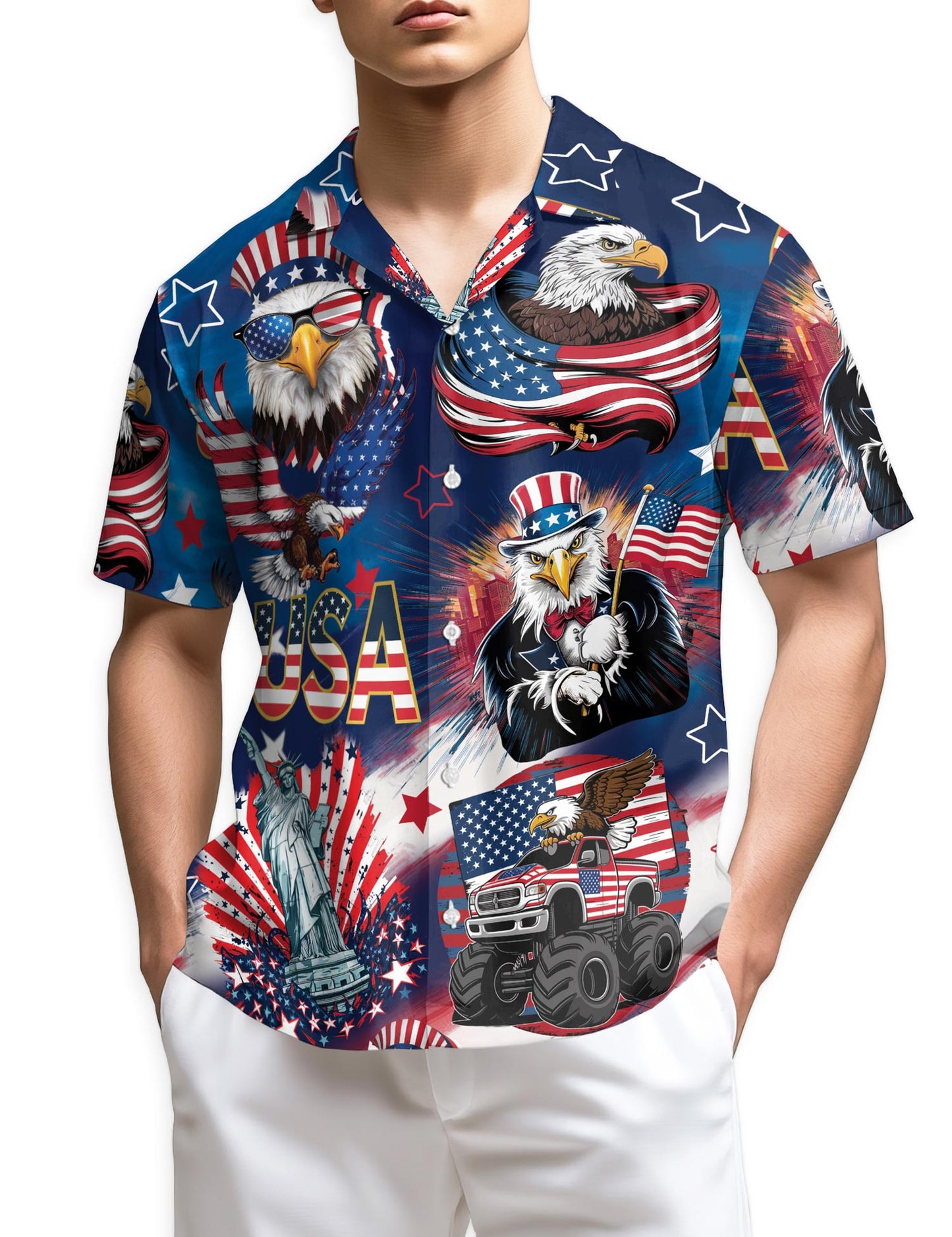 Azhawaiian 4th of July America Flag Bald Eagle Hawaiian Shirt for Men