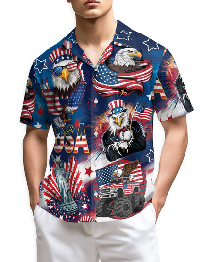 Azhawaiian 4th of July America Flag Bald Eagle Hawaiian Shirt for Men