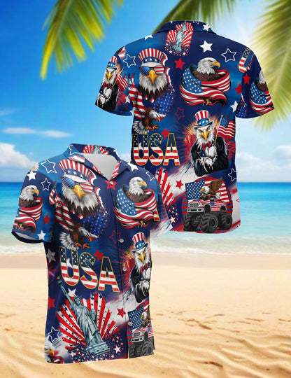 4th of July America Flag Bald Eagle Hawaiian Shirt for Men, Button Down Aloha Shirt - Azhawaiian