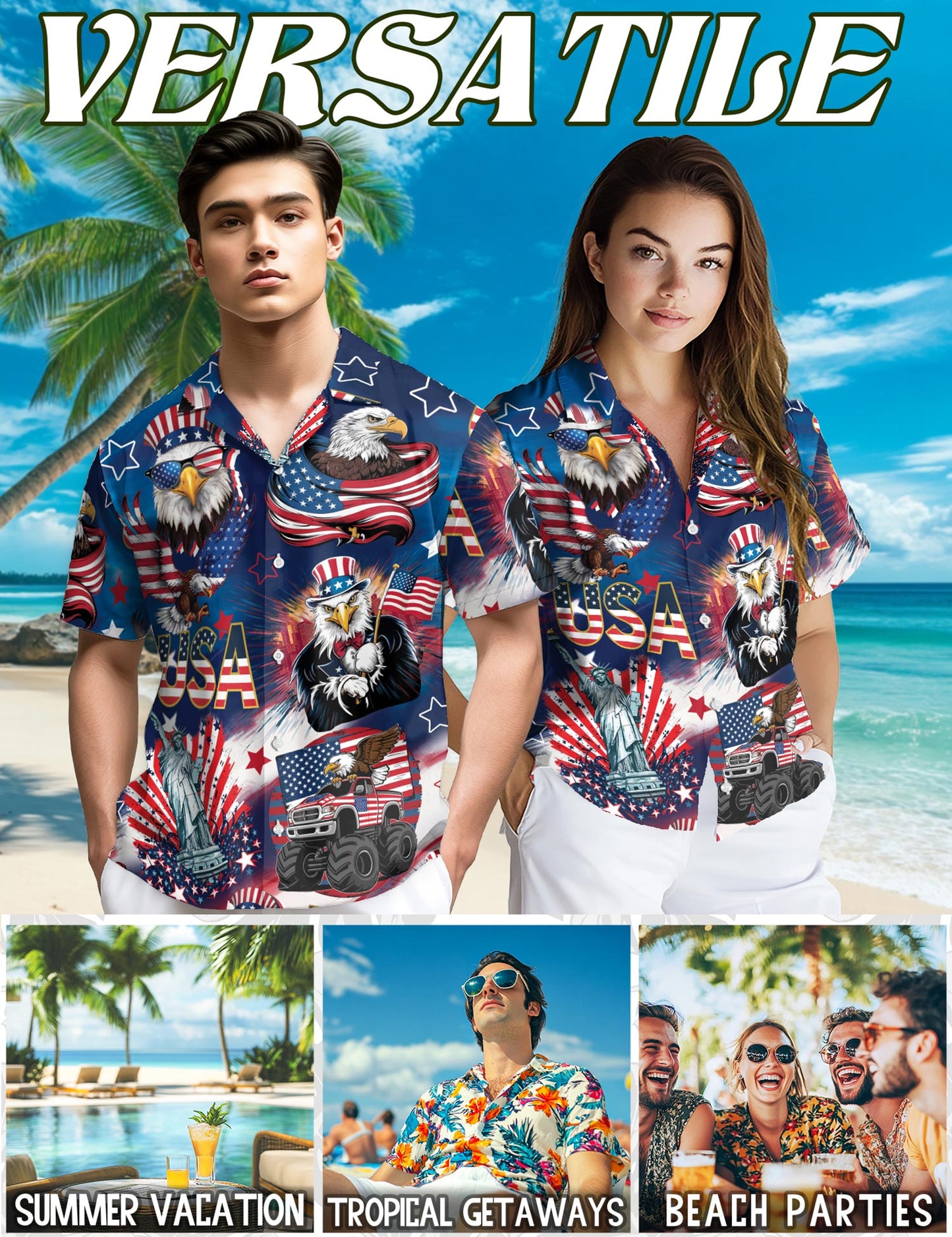 4th of July America Flag Bald Eagle Hawaiian Shirt for Men, Button Down Aloha Shirt - Azhawaiian