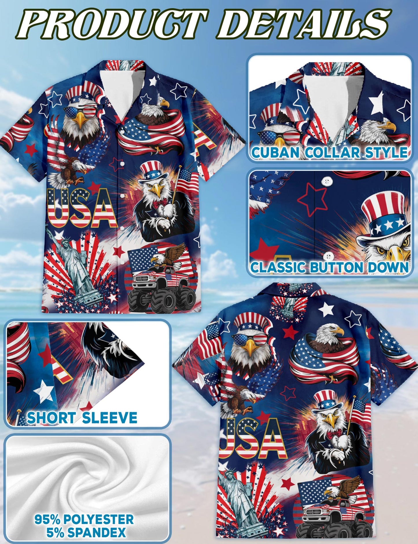 4th of July America Flag Bald Eagle Hawaiian Shirt for Men, Button Down Aloha Shirt - Azhawaiian