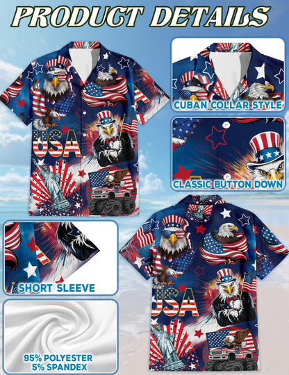 4th of July America Flag Bald Eagle Hawaiian Shirt for Men, Button Down Aloha Shirt - Azhawaiian