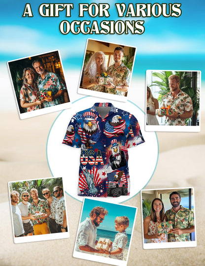 4th of July America Flag Bald Eagle Hawaiian Shirt for Men, Button Down Aloha Shirt - Azhawaiian