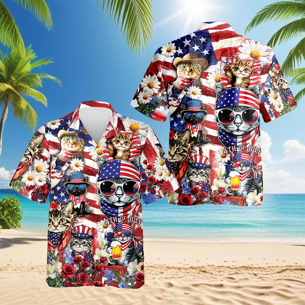 4th of July Cat Hawaiian Shirt for Men, Button Down Aloha Shirt - Azhawaiian