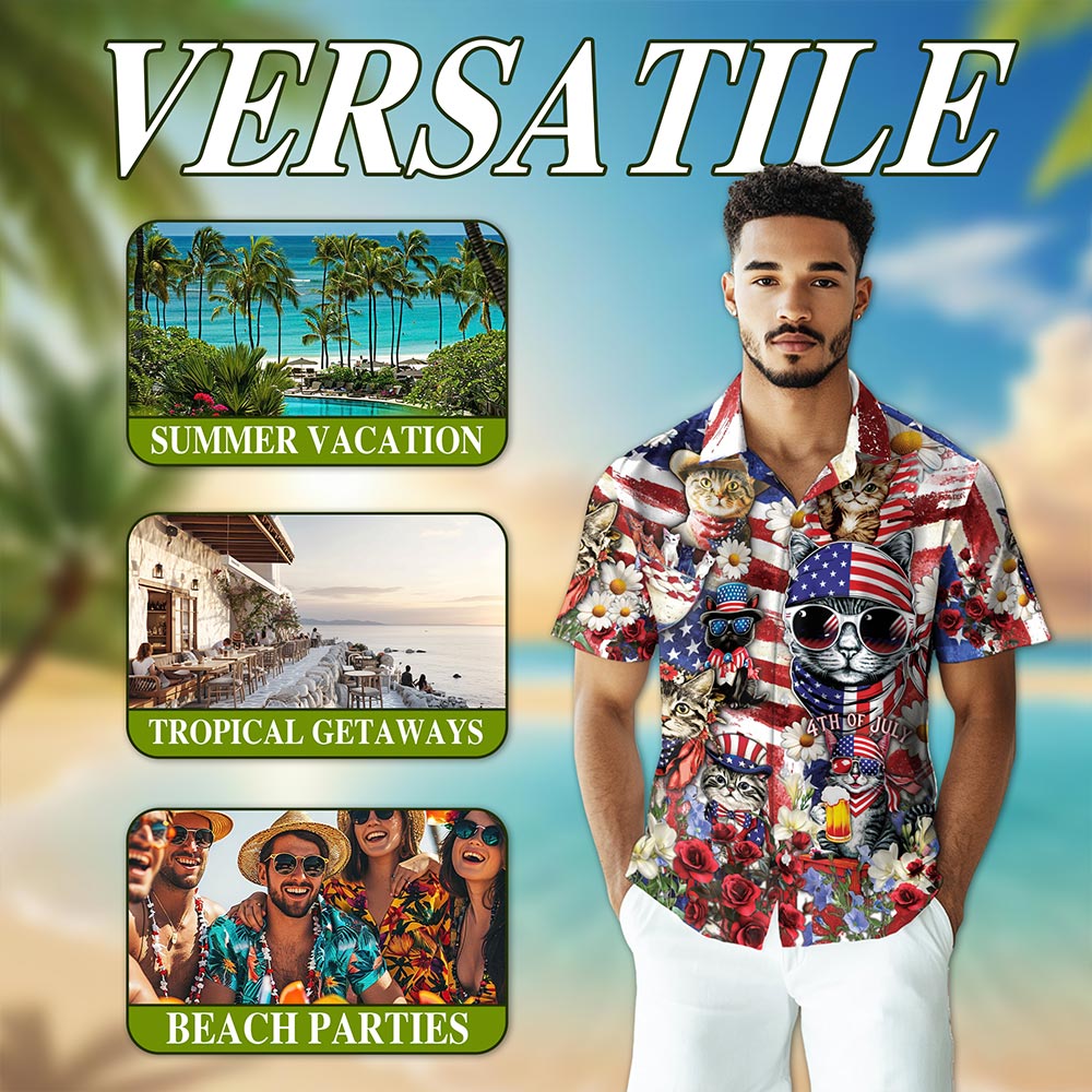 4th of July Cat Hawaiian Shirt for Men, Button Down Aloha Shirt - Azhawaiian