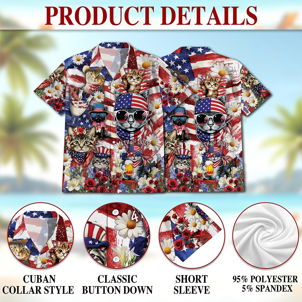 4th of July Cat Hawaiian Shirt for Men, Button Down Aloha Shirt - Azhawaiian