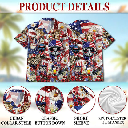 4th of July Cat Hawaiian Shirt for Men, Button Down Aloha Shirt - Azhawaiian