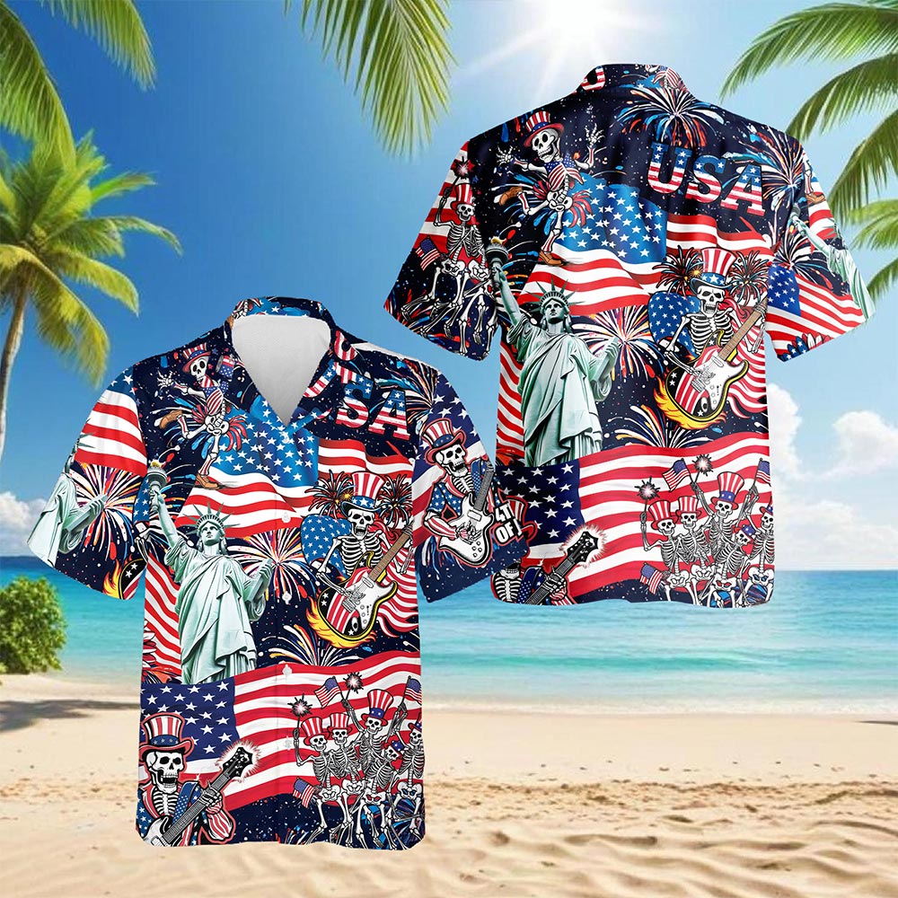 4th of July Skeleton Hawaiian Shirt for Men, Button Down Aloha Shirt - Azhawaiian